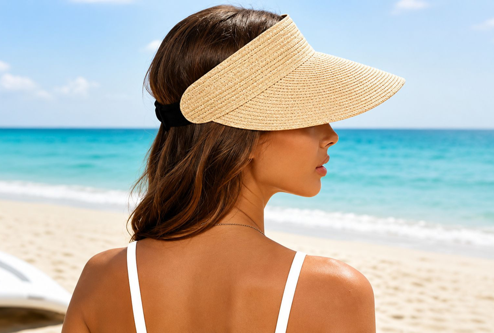 cappelli per il mare con la visera . ragazza di spalle che sta davtni al mare col suo capello per proteggersi dal sole