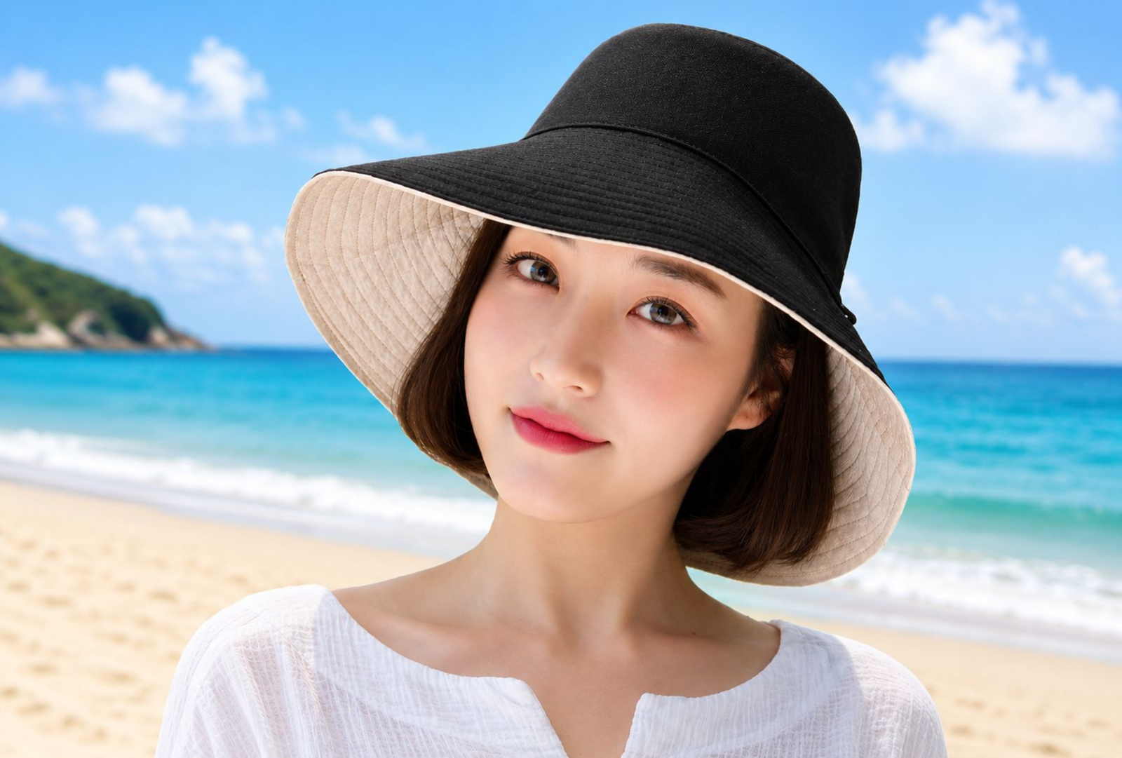 cappelli per il mare anti uv : donna asiatica con cappello in una spiaggia si protegge dal sole