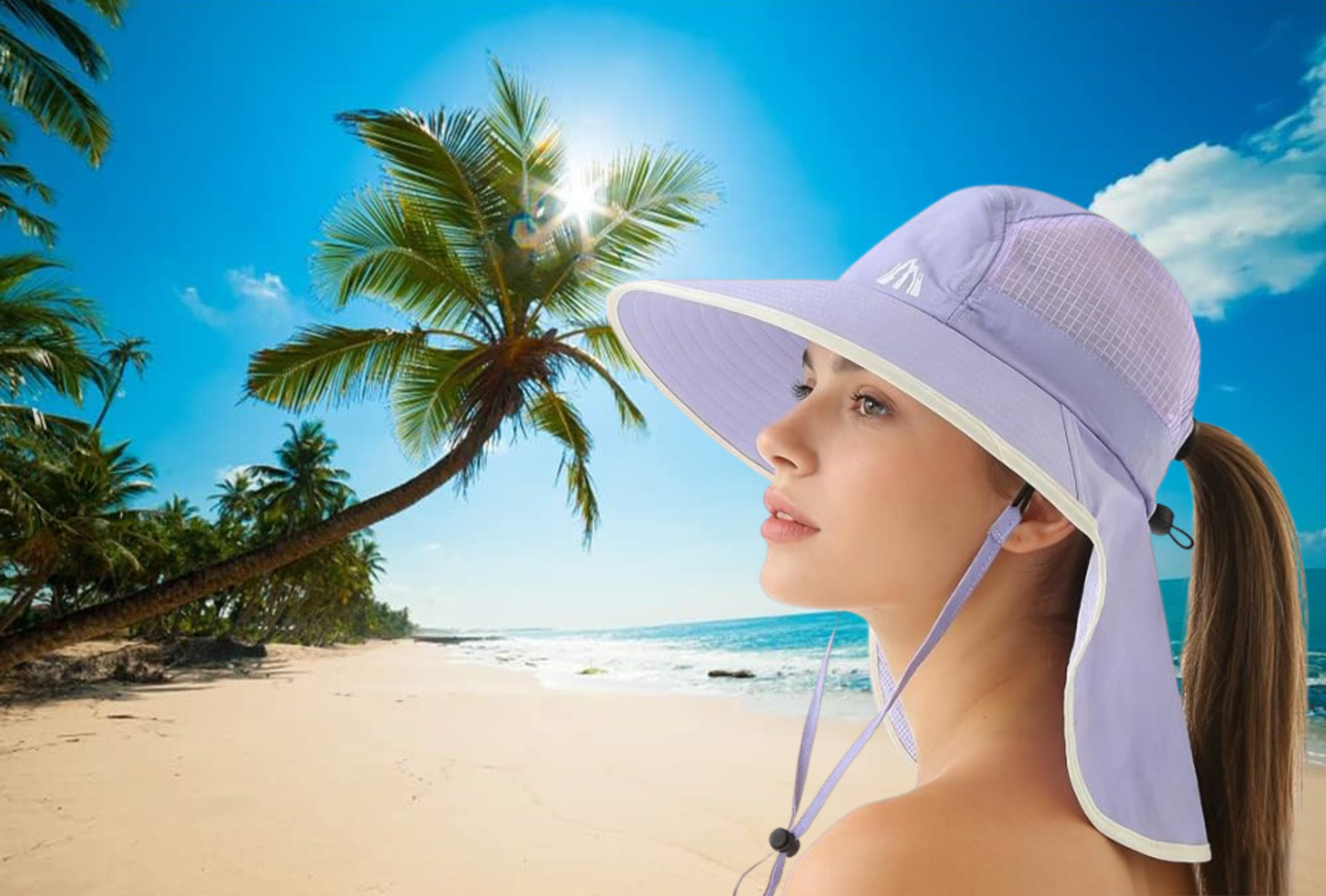 cappelli per il mare primo piano di ragazza su spiaggia tropicale co cappello che le protegge viso con visiera e collo