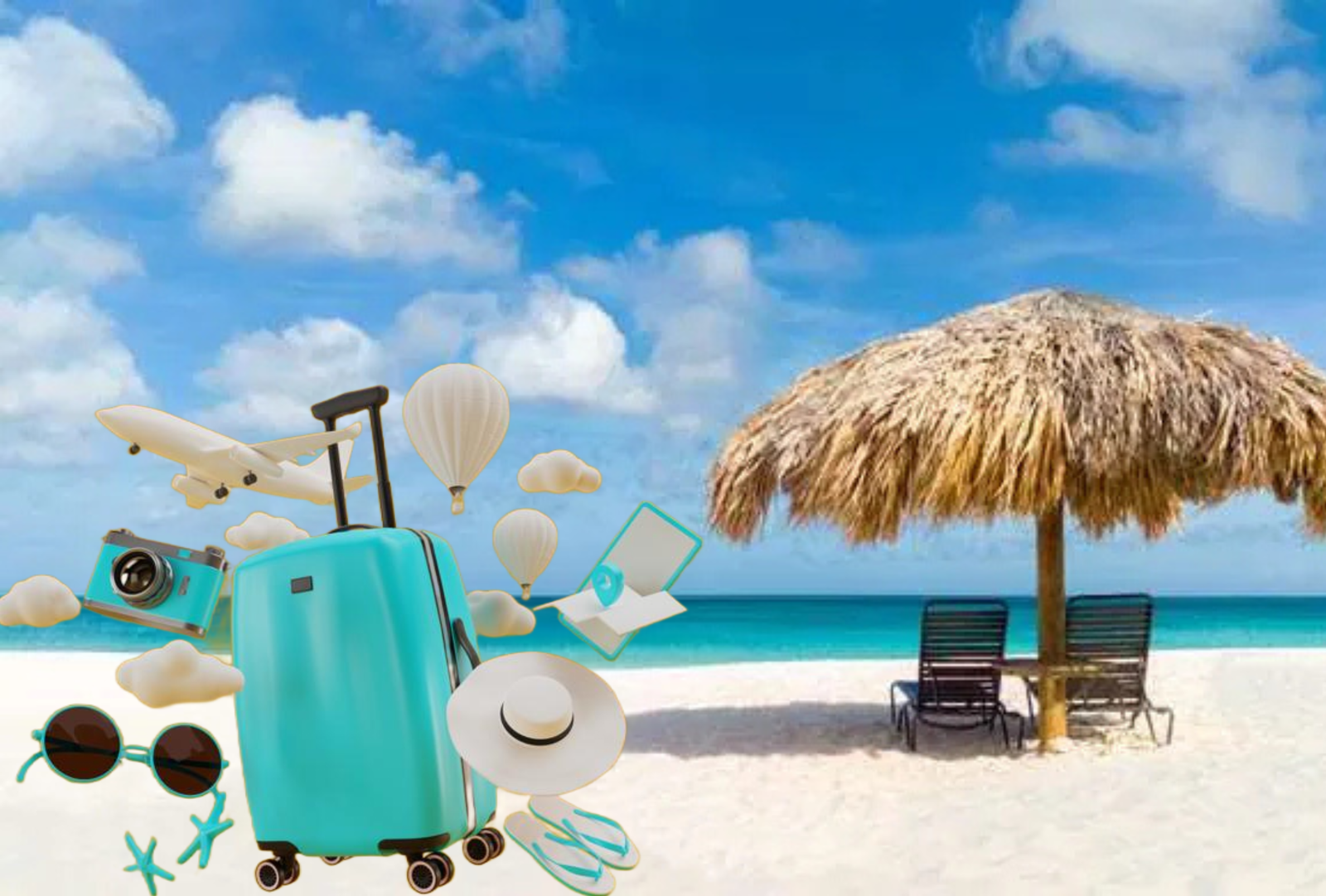 concetto cappelli per il mare e valigia ...spiaggia tropicale e immagine della valigia con intorno tutte le cose necessarie alla vacanza che dovrebbero starci dentro ..