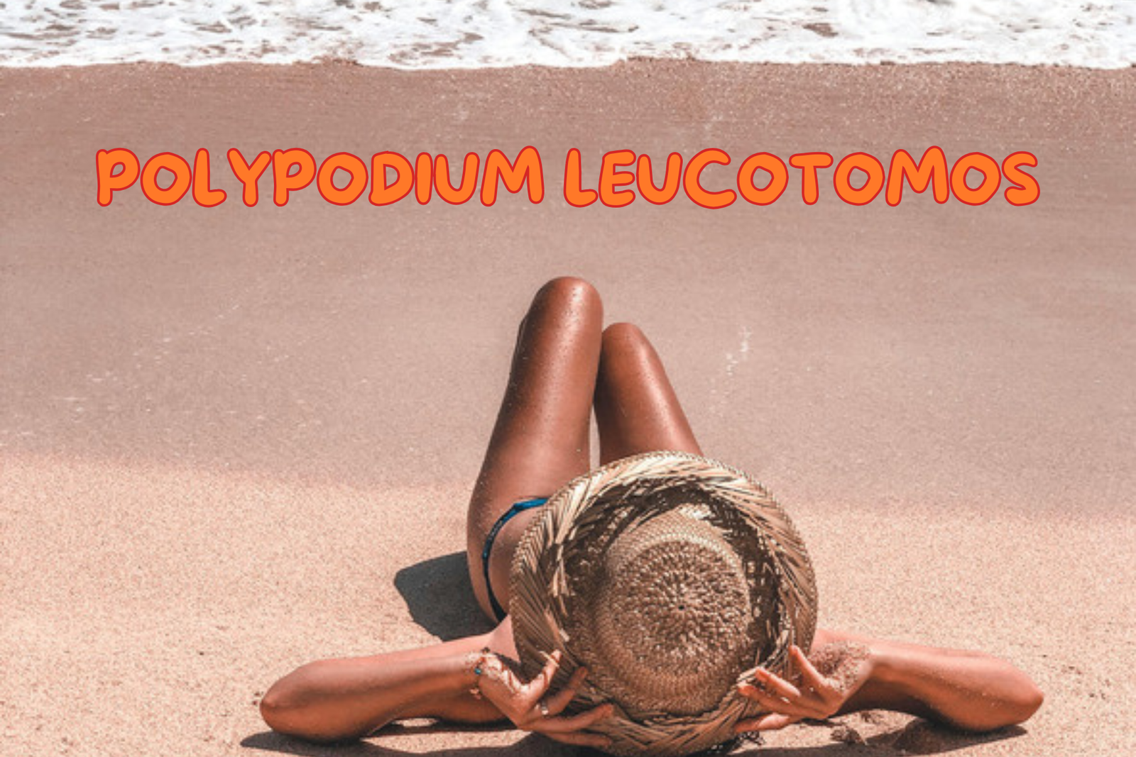 DONNA sdriaia in riva al mare si gose il sole con cappello di apglia. scritta sullo sfondo : POLYPODIUM LEUCOTOMOS concetto pelle al sole, abbronzatura protezione solare e Integratori contro il fotoaging