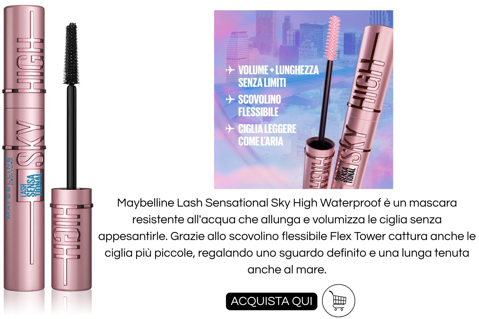 concetto: Come truccarsi per andare al mare - suggerimento di prodotto mascra maybelline lash sensational sky high waterproof