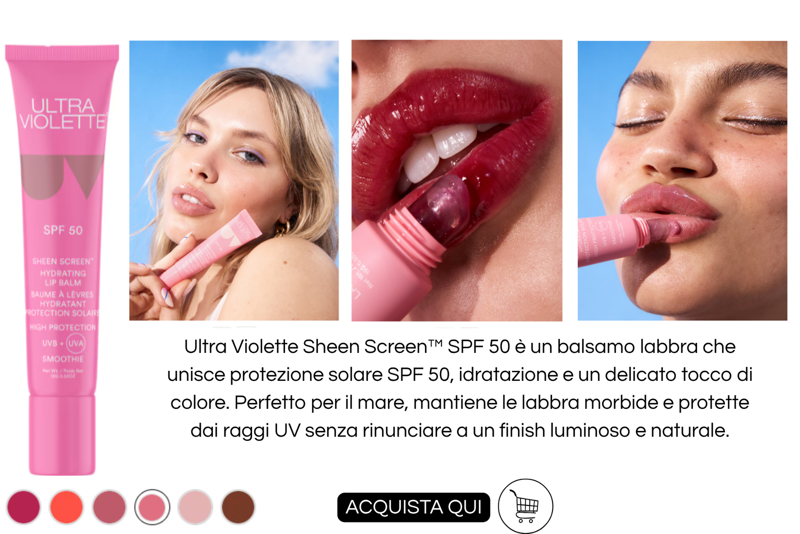concetto: Come truccarsi per andare al mare - balsamo labbra colorato con spf 50 ultra violette sheen screen