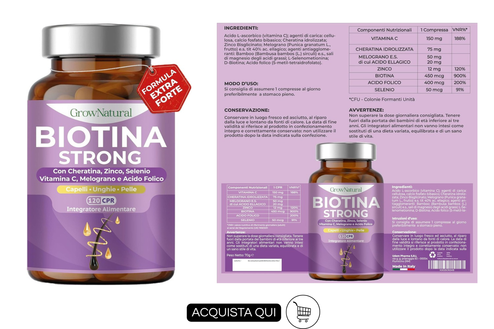 Biotina per capelli. INTEGRATORE BIOTINA STRONG DI GROW NATURAL