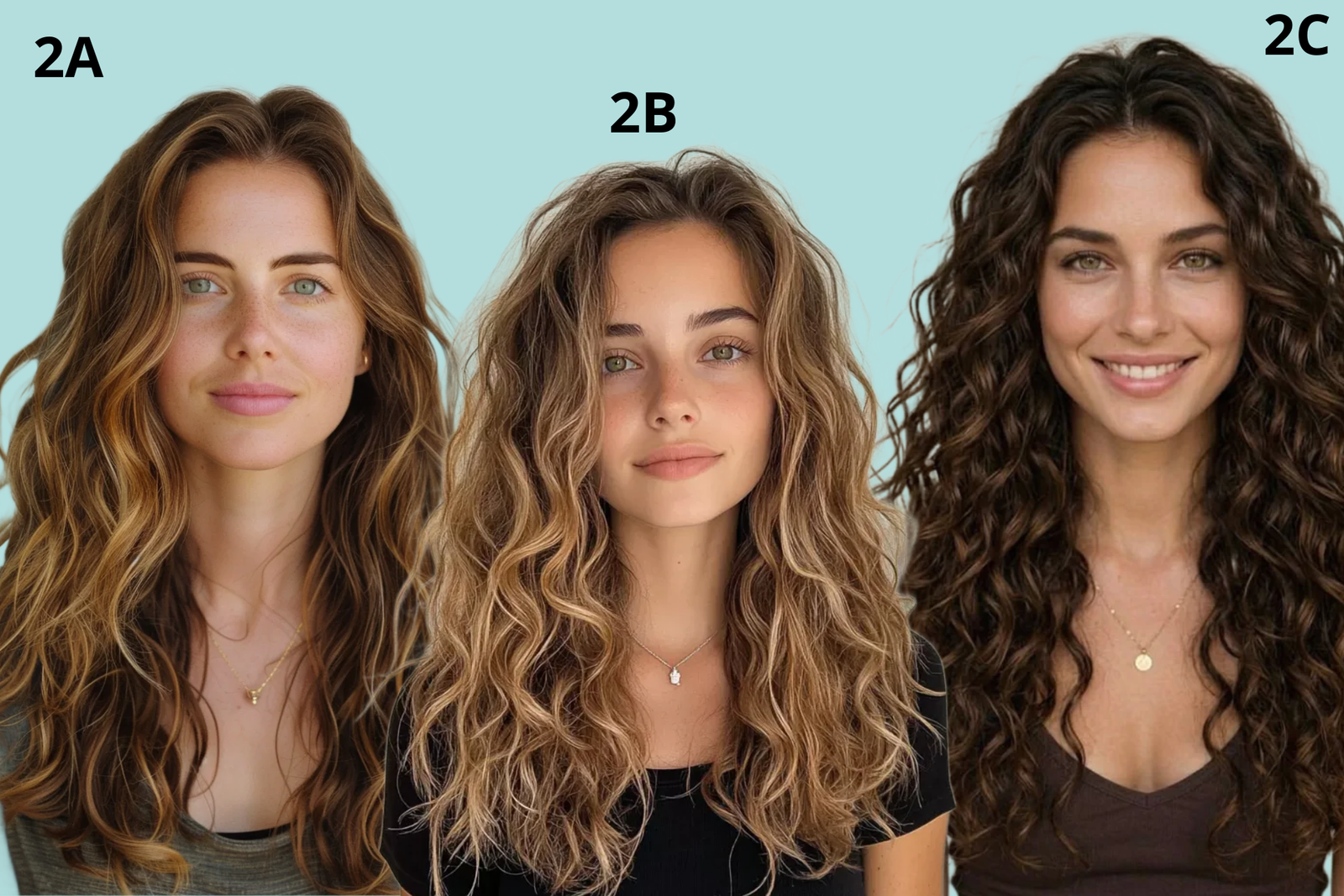 concetto di capelli mossi naturali:: tre ragazze ricce con differenti gradi d riccio 2a, 2b e 2c
