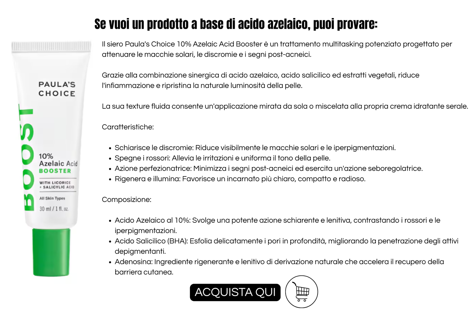 Attivi antimacchia: infografica di paula's choice10% azelaic acid booster