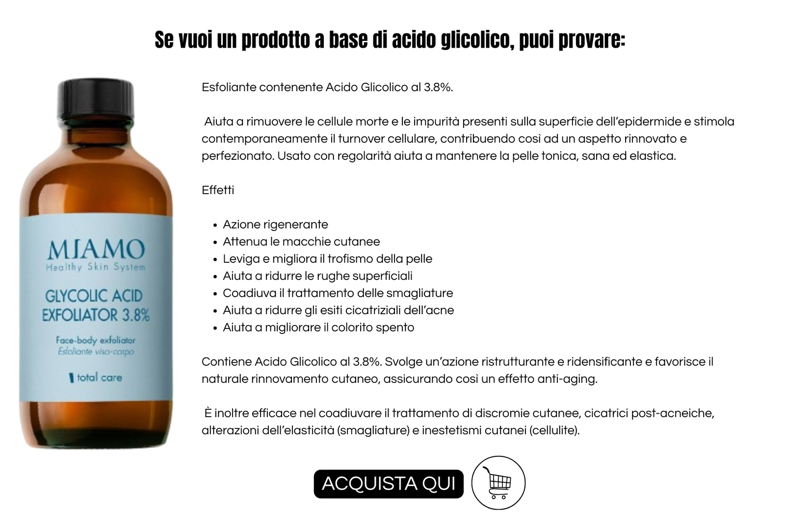 Attivi antimacchia: info grafica di miamo glycolic acid exfoliator 3,8%