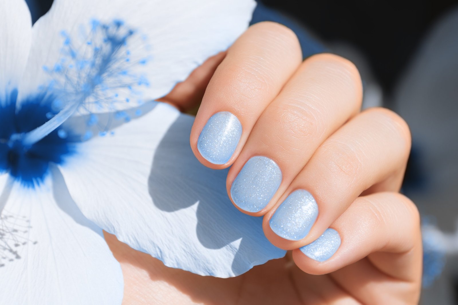 Decorazione unghie blu. Mani femminili con manicure glitterata. concetto unghie estate 2026