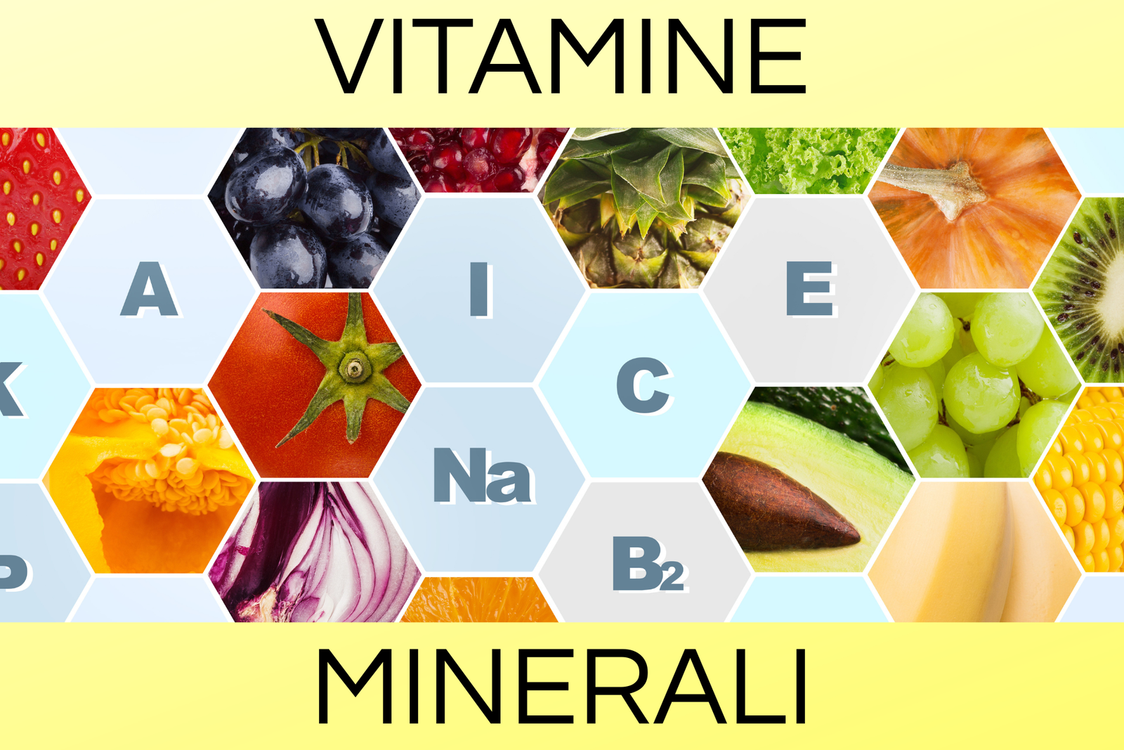 immagine illustrativa di vitamine e minerali elementi chimici e immagini di frutta e verdura. scritta "vitamine minerali" CONCETTO Integratori antiossidanti e antiage