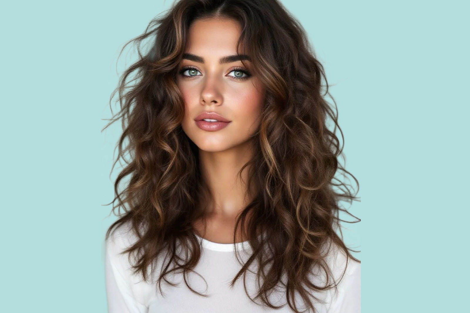concetto di capelli mossi naturali:: ragazza bellissima con capelli mossi su sfondo isolato