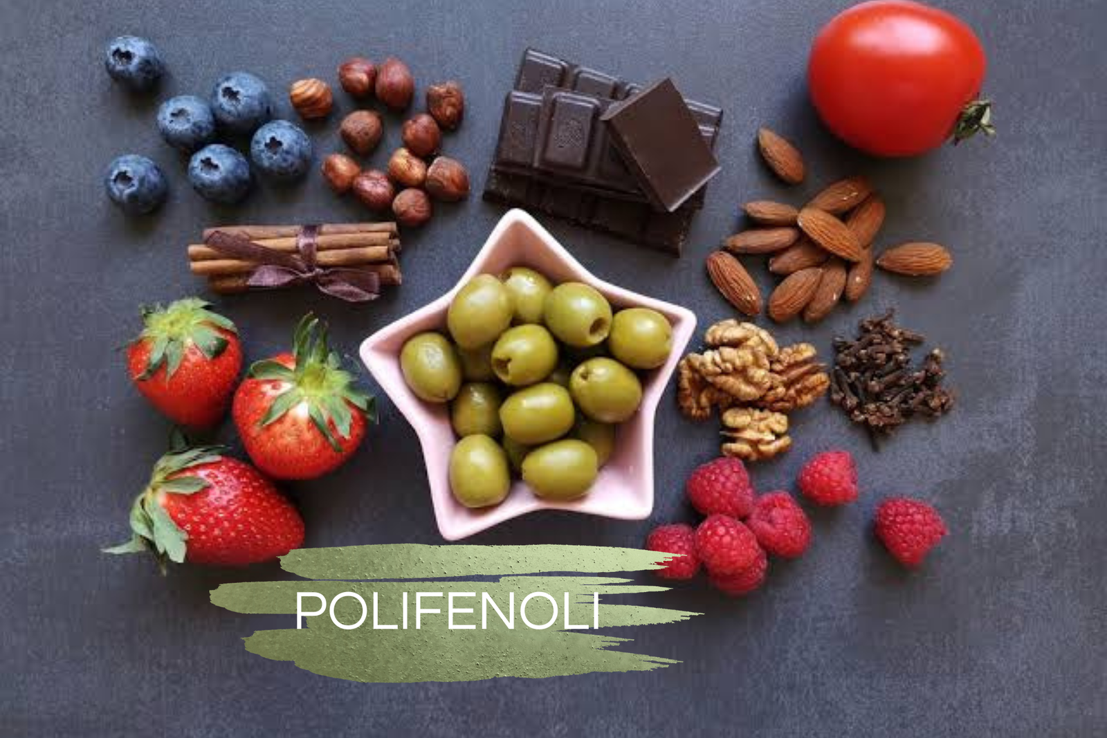 immagine illustrativa dei polifenoli: alimenti che li contengono e scritta POLIFENOLI .CONCETTO Integratori antiossidanti e antiage