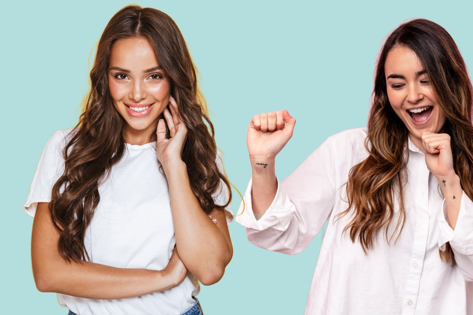 concetto di capelli mossi naturali:. due ragazze su sfondo isolato capelli lunghi e mossi. sorridono e sono felici