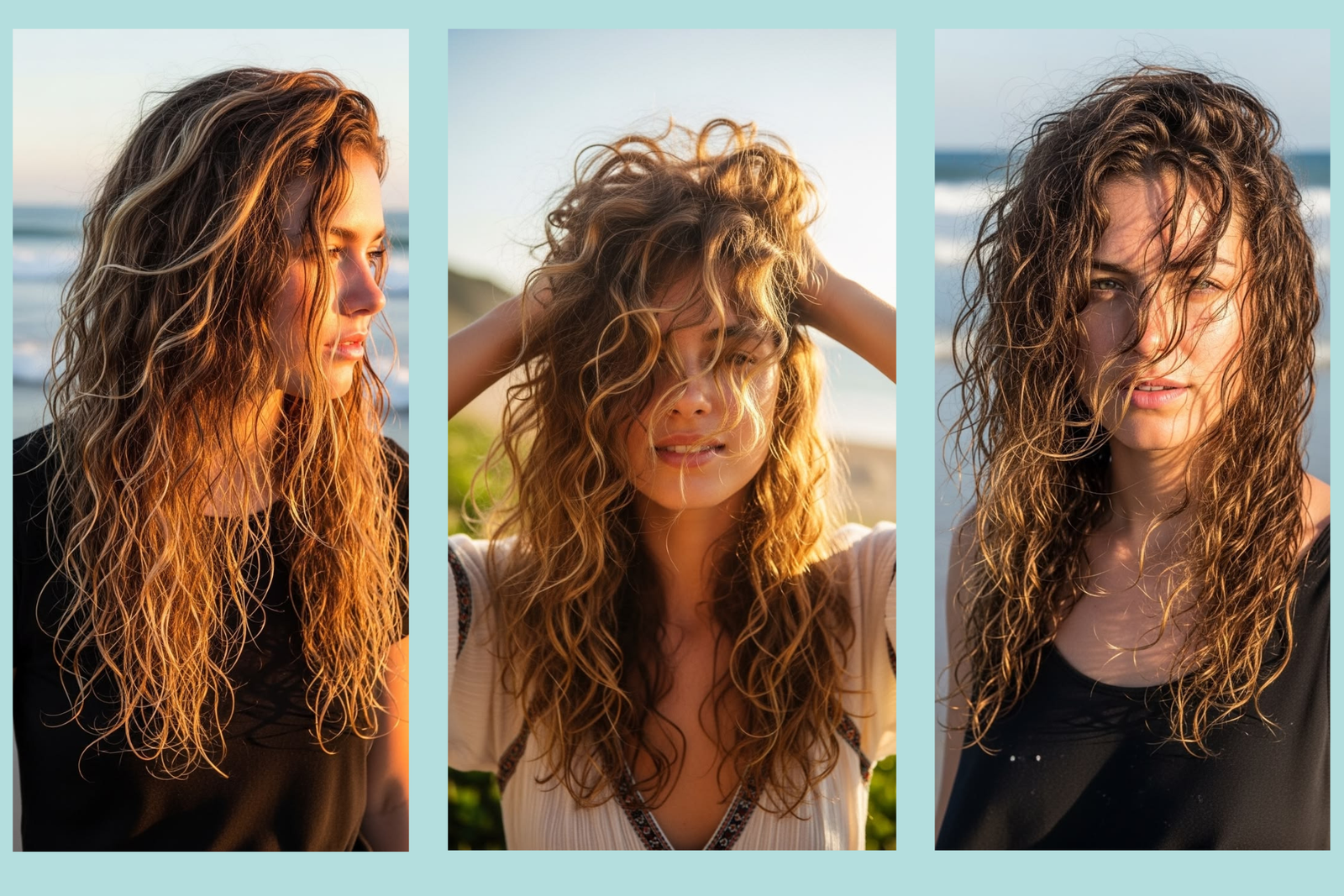 concetto di capelli mossi naturali:- tre ragazze con capelli mossi all'aperto