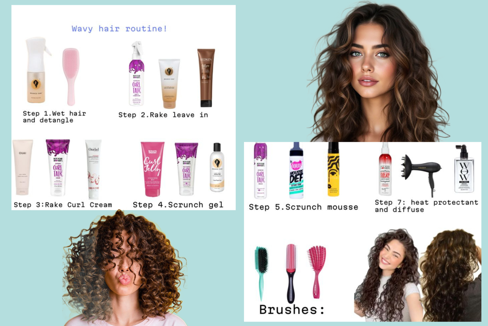 concetto di capelli mossi naturali:: info grafica sui prodotti necessari per lo styling