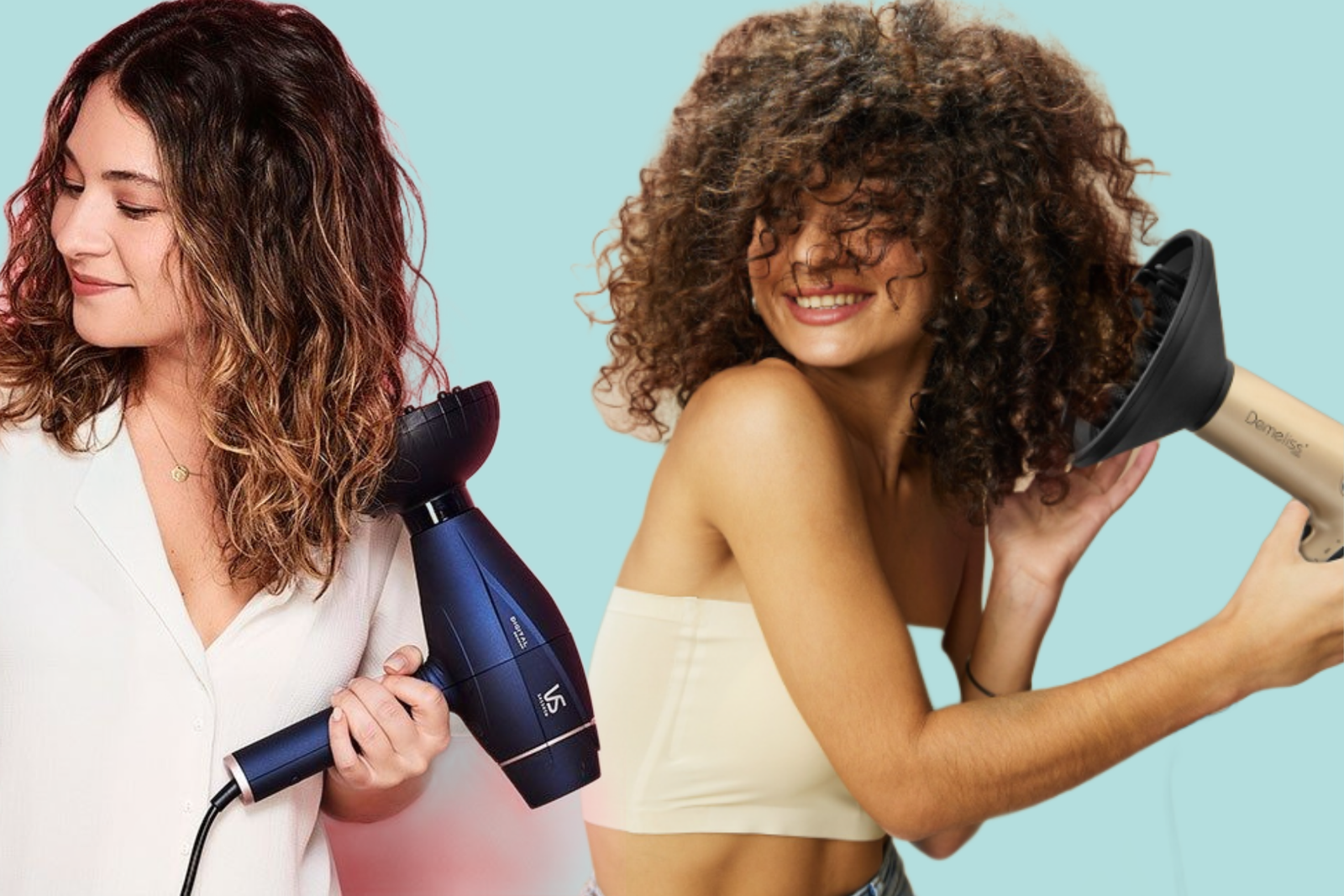 concetto di capelli mossi naturali:. due ragazze su sfondo isolato si asciugano i capelli col diffusore