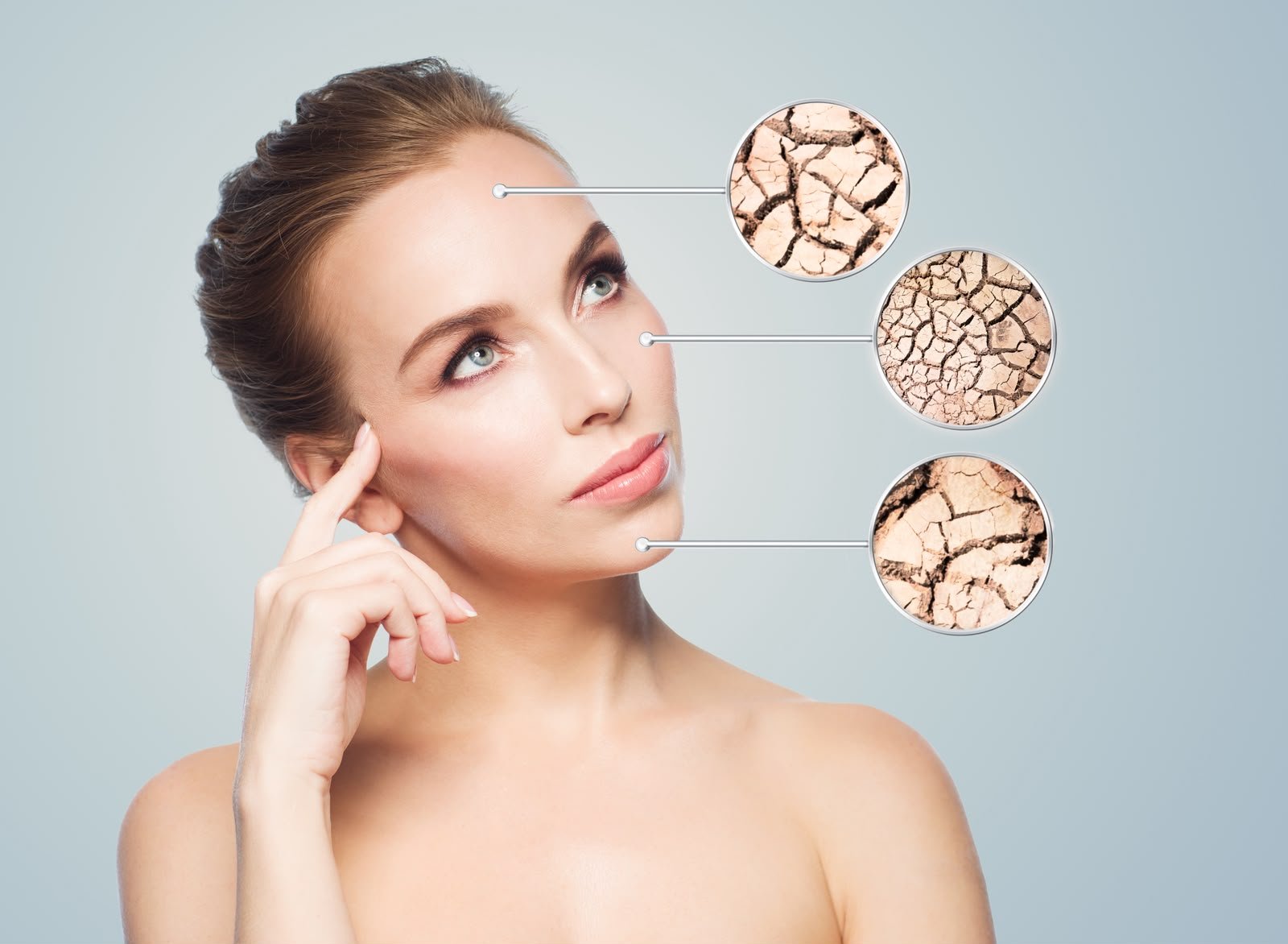 immaginedi bella donna che illustra i punti del viso dove la barriera cutanea puo compromettersi e creare secchezza e rughe