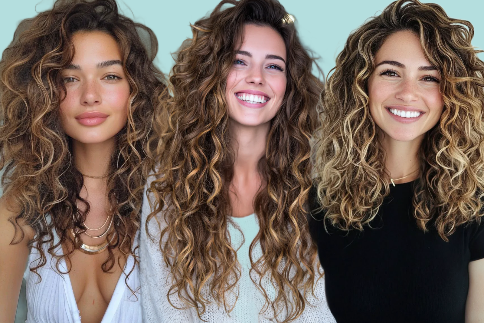 concetto di capelli mossi naturali:: tre bellissime ragazze ricce in primo piano