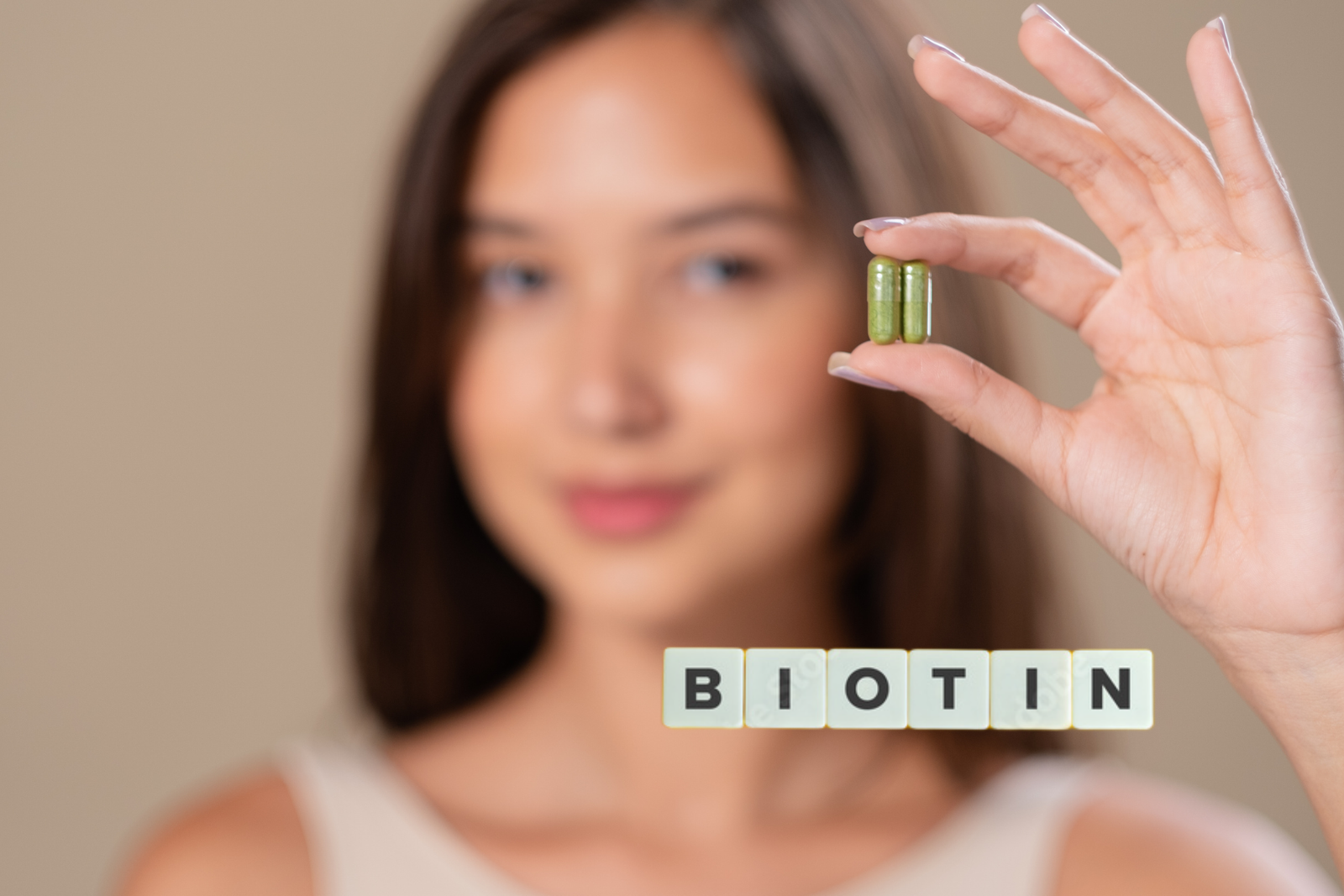 Concetto haircare, cura e integrazione con Biotina per capelli. ragazza in immagine sfocata mostra in primo piano delle capsule di integratori in mano con sotto la scritta BIOTIN