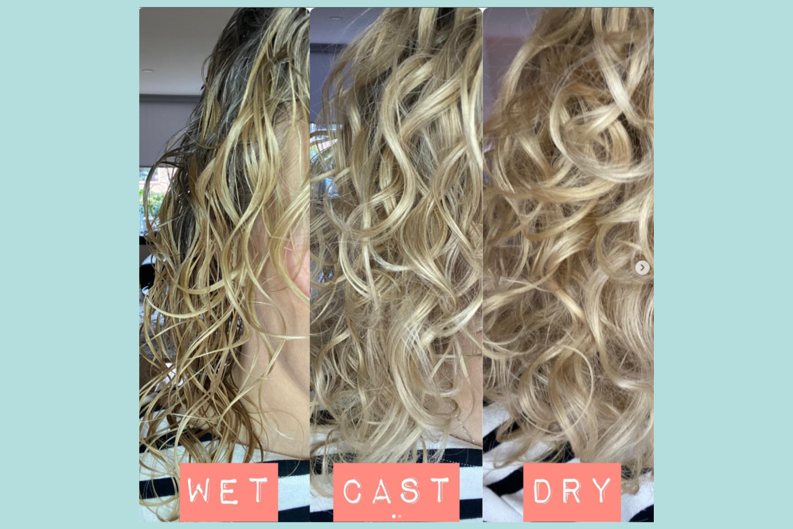 concetto di capelli mossi naturali:. primopiano di capelli mossi biondi in 3 frame foto: bagnati, con cast e asciutti
