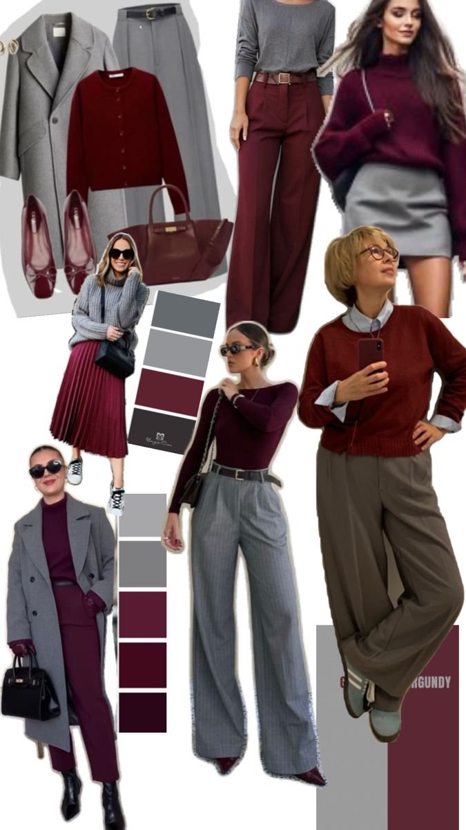 Colori moda autunno inverno 2026 collage inspo outfit in grigio e bordeaux
