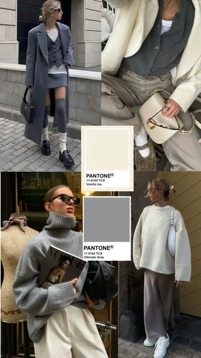 Colori moda autunno inverno 2026 collage inspo outfit in grigio e panna