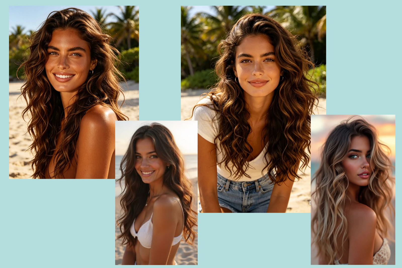 concetto di capelli mossi naturali:: quattro ragazza mosse molto belle in un collage su sfondo isolato