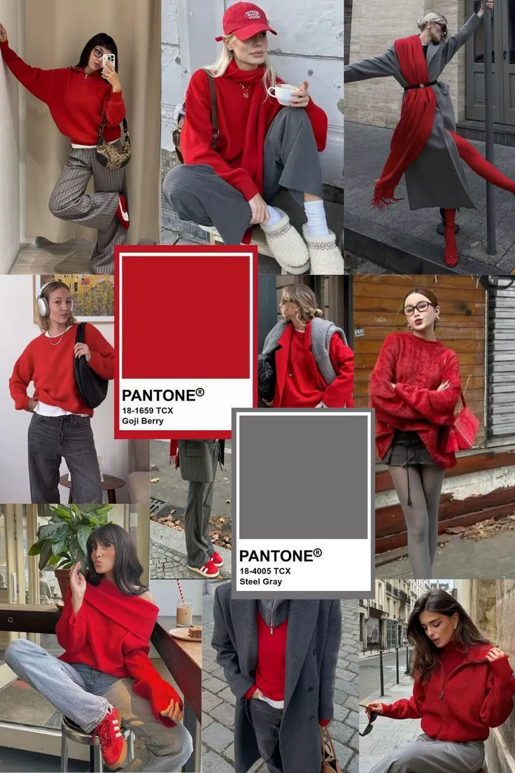 Colori moda autunno inverno 2026 collage inspo outfit in rosso e grigio