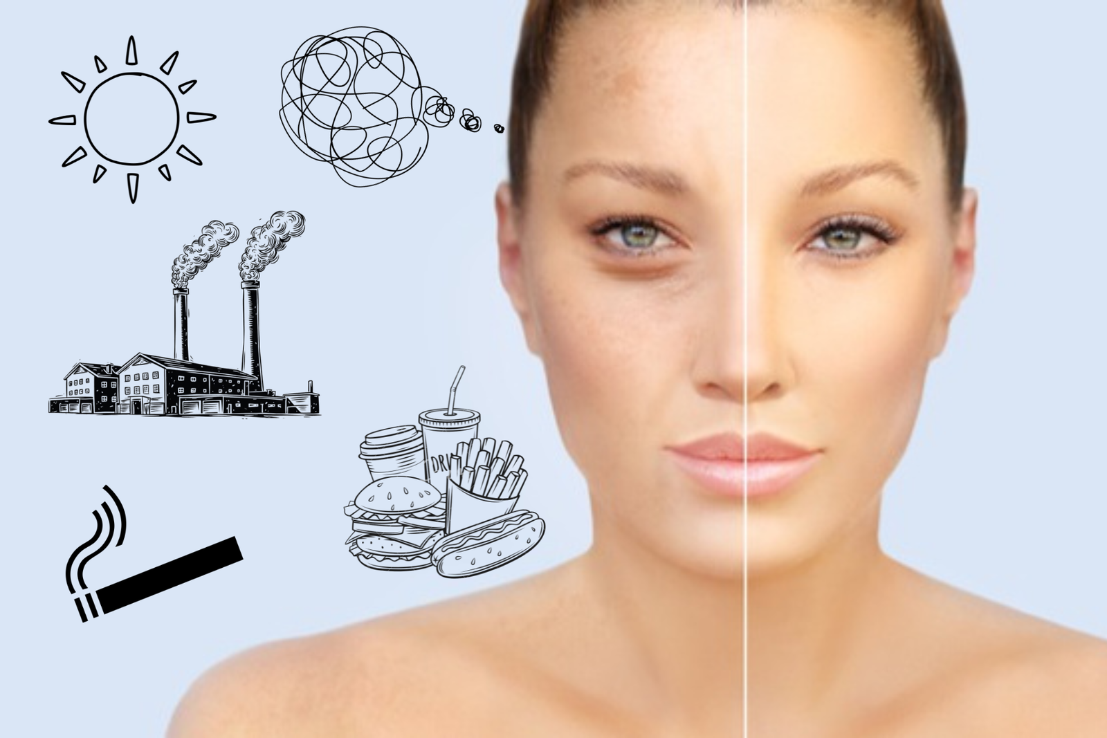 CONCETTO Integratori antiossidanti e antiage, invecchiamento, skincare e cura di se'. bella donna con viso diviso a metà da una linea. Una metà è giovane mentre l'altra risente degli elementi raffigurati accanto: fumo, sole, stress, inquinamento e junk food