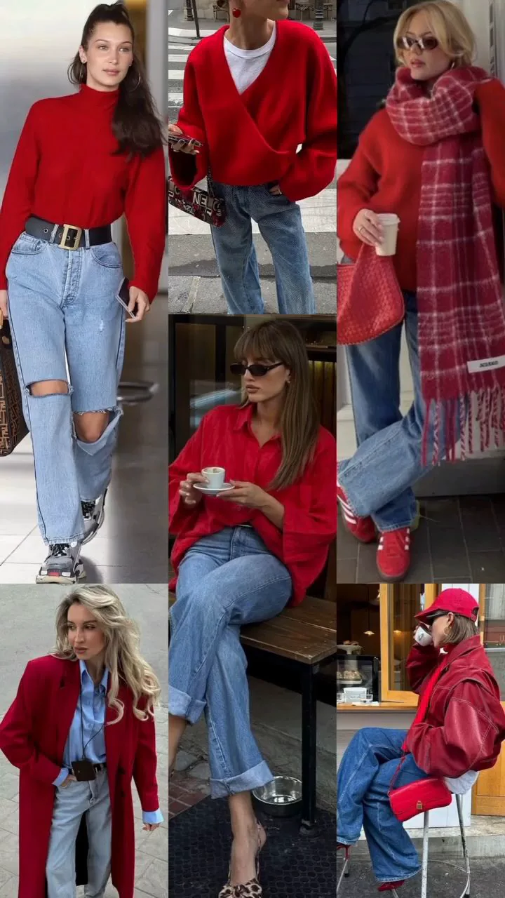 Colori moda autunno inverno 2026 collage inspo outfit in rosso e denim