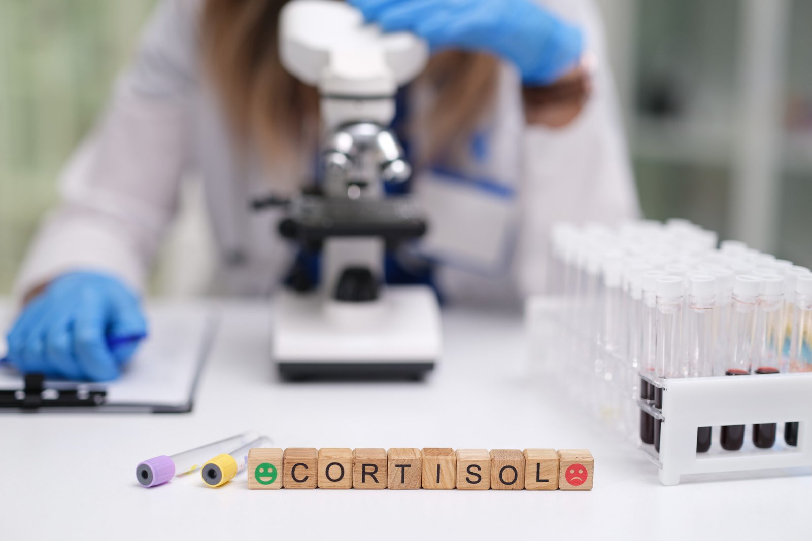 In un ambiente di laboratorio, gli scienziati analizzano attentamente i livelli di cortisolo utilizzando microscopi avanzati e provette.