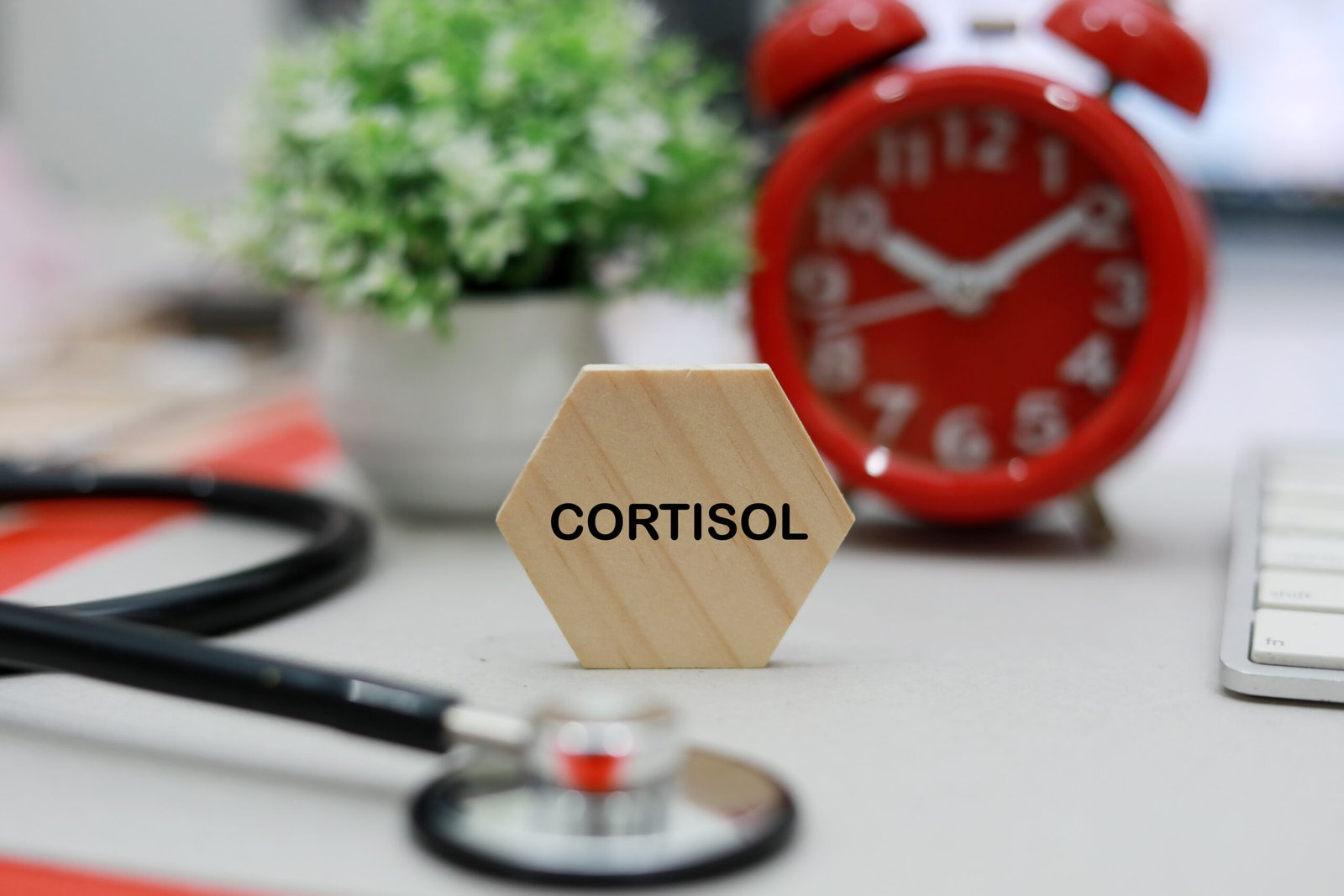 cortisolo: immagine che esprime il cambio dei livelli di questo ormone durante la giornata. Scritta cortisolo, stetoscopio e una sveglia 