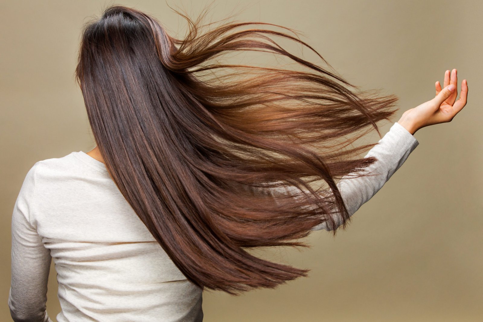 ragazza di spalle con capelli lunghi castani svolazzanti 