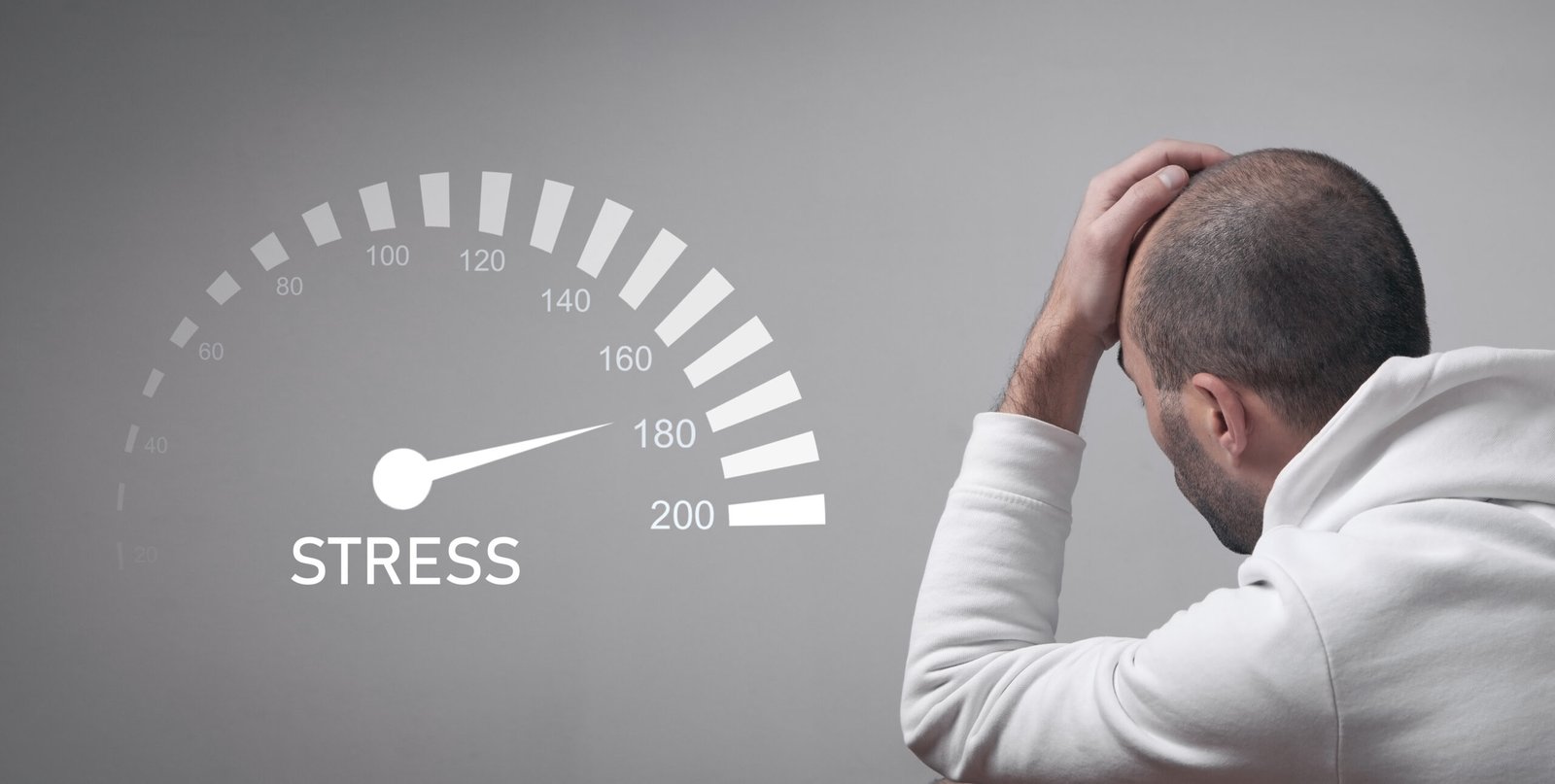 foto di uomo stressato di spalle con disegnato un indicatore di livello di stress- Tema stress e cortisolo 