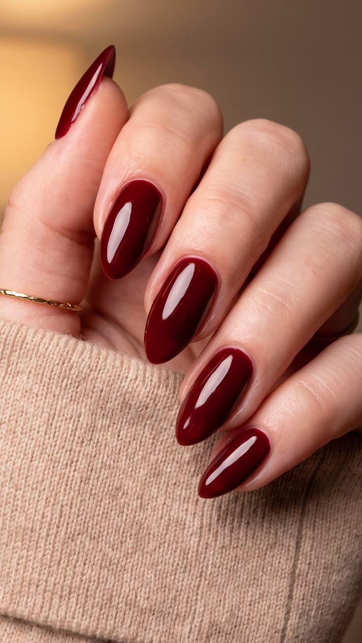 Deep Cherry Burgundy Almond Nails 