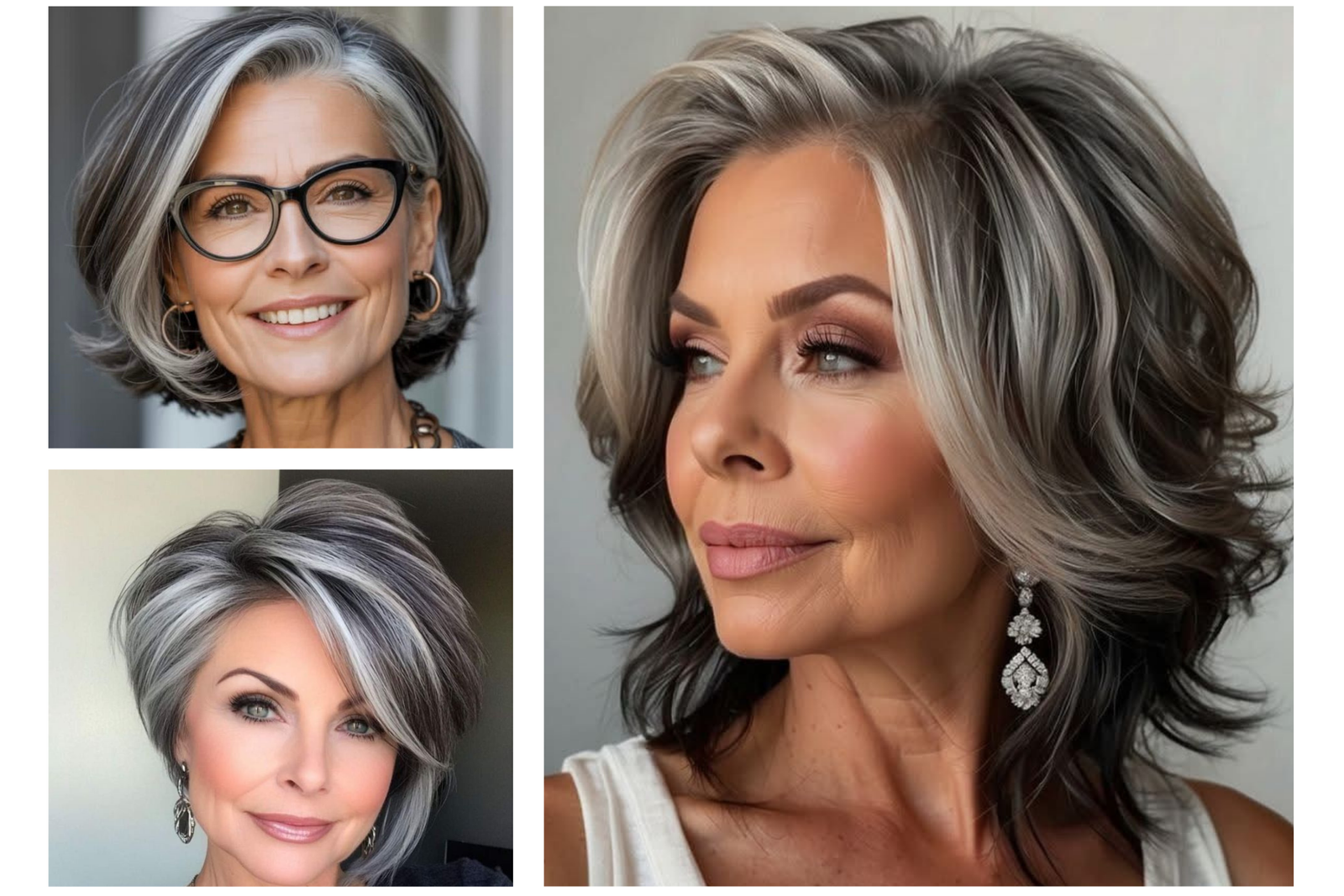 collage di foto di donne con capelli grigi ccon tagli corti e voluminosi 
