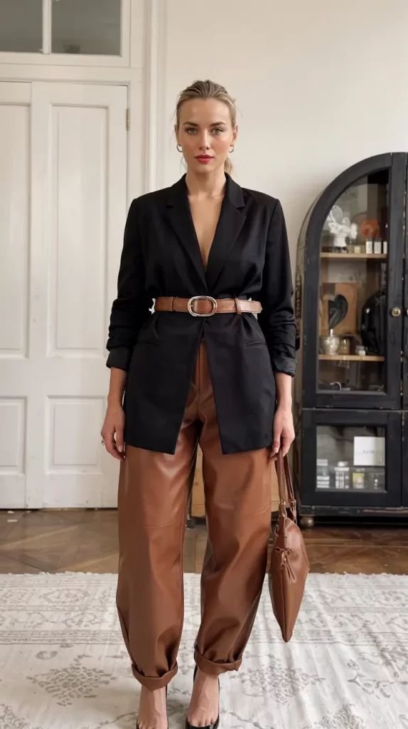 Tendenze moda autunno 2026: outfit con barrel pants in pelle