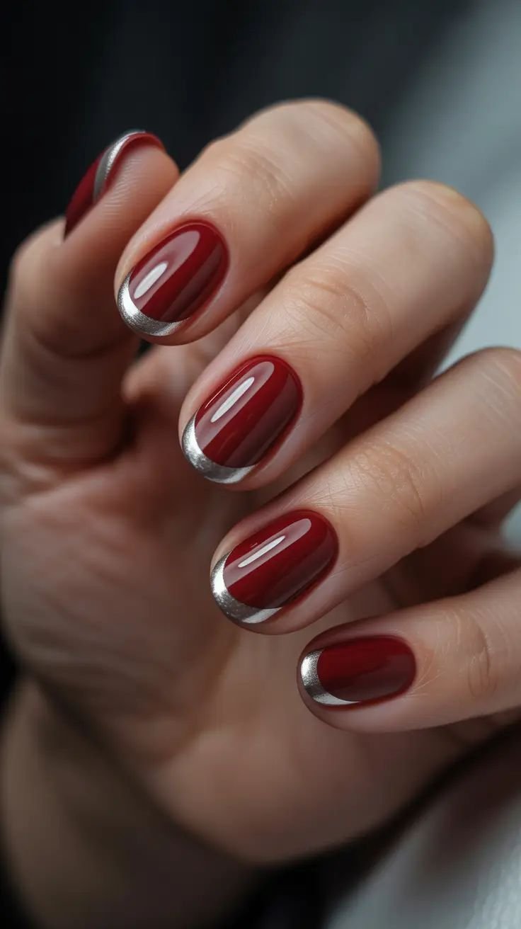 unghie color vino con french argento 