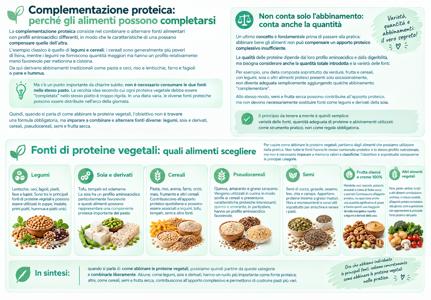 come abbinare le proteine vegetali complementazione proteica e quali fonti scegliere : concetti base in una infografica esplicativa