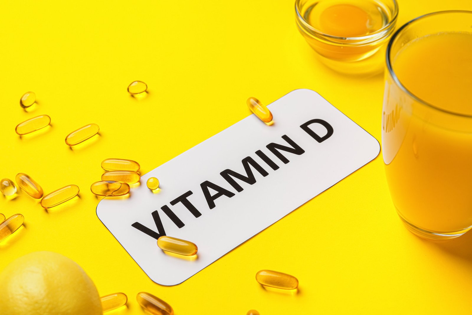 Testo VITAMINA D e diversi prodotti salutari su sfondo giallo. quando assumere vitamina d 